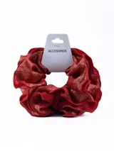Colero o scrunchie para el pelo de tela color rojo oscuro con brillo dorado.