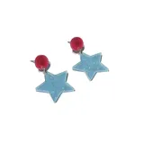Par de aros colgantes con forma de estrella color celeste con glitter y base circular color fucsia.