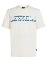 Remera O'Neill Arctic Tropics de manga corta y cuello redondo, color blanco, con diseño gráfico horizontal en el pecho que incluye el logotipo de la marca sobre un fondo de hojas en tonos azules.