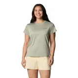 Remera técnica Columbia Bluevista Hill para mujer con tecnología Omni-Wick que absorbe el sudor. Diseño de manga corta y cuello redondo en color verde, con faldón posterior y aberturas en el dobladillo lateral.