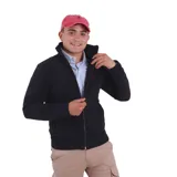 Campera de micropolar azul marino con cierre frontal y cuello alto. Tiene bolsillos laterales y puños acanalados.