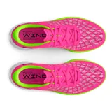 Championes de running Under Armour Flow Velociti, con parte superior Warp transpirable en color fucsia y detalles en verde neón. Presenta mediasuela Flow de una sola pieza para amortiguación reactiva y suela sin goma para mayor ligereza y tracción.