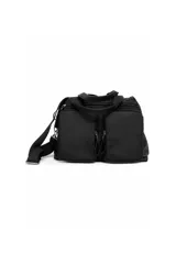 Bolso amplio de poliéster color negro con múltiples compartimentos, dos bolsillos frontales con cierre, doble asa de mano y correa larga regulable y desmontable.