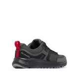 Championes de trekking Columbia Konos Low Techlite para hombre, de color gris con detalles en negro y rojo. Presentan empeine de malla transpirable con sobrecapas sintéticas, tecnología Omni-Shield deperlante al agua y suela de caucho de alta tracción.