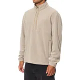 Buzo de forro polar color beige con cuello alto y cierre frontal parcial. Presenta un detalle de cinta decorativa a lo largo de la cremallera y bolsillos laterales.