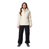 Campera acolchada con capucha, color beige, con cierre frontal completo, bolsillos laterales con cremallera y puños con orificios para los pulgares. Presenta tecnología de forro termorreflectante y aislamiento sintético.