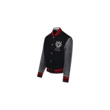 Campera estilo varsity Off-White de cuerpo negro con mangas grises, cierre frontal con botones a presión y puños, cuello y dobladillo tejidos a rayas rojas y negras. Cuenta con bordado institucional en el pecho.
