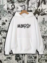 Canguro blanco con capucha y bolsillo delantero tipo canguro. Estampado con la palabra "MAKOSH" en negro en el pecho.