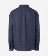Camisa de lino puro color marrón, modelo comfort de manga larga, con cuello inglés y cierre frontal de botones.