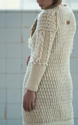 Cárdigan largo color crudo tejido a crochet en lana merino, con cuello en V, cierre frontal con botones de guampa tallados a mano, mangas largas con trenzas 3D y puños extra largos.