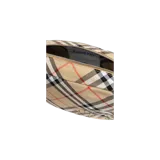 Bandolera Burberry con el clásico estampado Vintage Check en tonos beige, negro y rojo, con diseño del caballero ecuestre bordado. Cuenta con una correa ancha ajustable de tejido negro y cierre superior con cremallera.