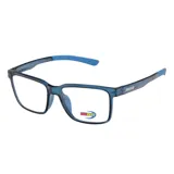 Anteojos de receta MDQ modelo T43, con armazón de acetato en color azul traslúcido y patillas con detalle de logo de la marca.