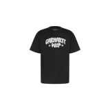 Remera negra Carhartt WIP de manga corta, con cuello redondo y estampado frontal en blanco con efecto nuboso y texto 'Carhartt WIP 1989'.