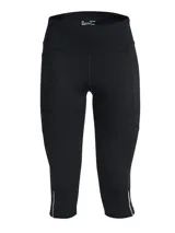 Calza deportiva tipo capri de Under Armour, color negro, con cintura alta, bolsillo lateral y detalles reflectantes en los bajos. Confeccionada en tejido HeatGear de secado rápido y elástico.