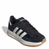 Championes Adidas Run 72S 2.0, color negro con tres franjas laterales blancas y detalles en blanco en el talón y lengüeta. Cuentan con entresuela blanca y suela de goma color caramelo.