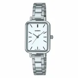 Reloj Casio modelo LTPV009D-7EUDF con caja rectangular de acero inoxidable plateado y esfera blanca de 22 mm. Presenta marcadores de hora lineales negros, tres manecillas y brazalete de eslabones de acero inoxidable.