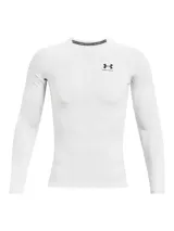 Remera blanca de manga larga Under Armour HeatGear Armour, ajustada al cuerpo, con logo en el pecho y tecnología HeatGear para mantenerte fresco y seco.