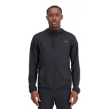 Campera negra con capucha y cierre frontal, de tejido de punto doble con tecnología NB DRY. Presenta logo de New Balance en el pecho y bolsillos laterales.