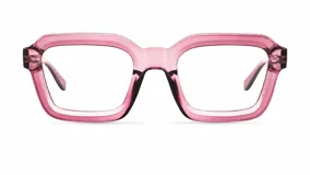 Lentes con armazón cuadrado y grueso de color rosado oscuro translúcido y diseño inspirado en los años 70.