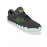 Championes de skate Emerica modelo The Low Vulc en colaboración con Creature, color negro con detalles en verde neón en el logo lateral, la suela y la lengüeta. Diseño de perfil bajo con suela vulcanizada blanca.
