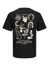 Camiseta negra de algodón con elastano, cuello redondo, manga corta y estampado en la espalda con diseños abstractos y texto "Originals Atelier JUAN-LES PINS JACK&JONES".