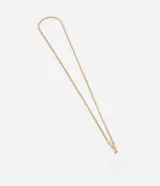 Correa para celular tipo cordón de metal dorado con diseño de cadena serpiente, equipada con mosquetones tipo langosta en los extremos y soporte plástico para sujeción al dispositivo.