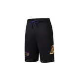Short de básquet negro de Los Angeles Lakers, confeccionado en tejido de malla transpirable, con cintura elástica ajustable mediante cordón morado. Cuenta con detalles de los escudos del equipo estampados en las piernas.
