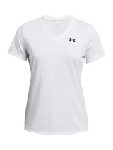 Remera deportiva Under Armour Tech SSV Solid blanca de corte clásico con cuello en V y logo de la marca en el pecho.