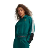 Canguro deportivo de mujer Under Armour, color verde con detalles en gris y negro en las mangas. Presenta capucha con cordones ajustables, corte cropped y logo bordado en el pecho.
