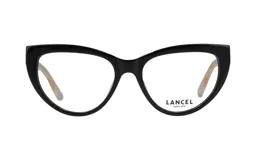 Anteojos de acetato negros, con forma de ojo de gato y patillas con diseño de madera.