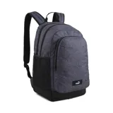 Mochila Puma Academy gris con estampado de líneas topográficas en tono más oscuro. Cuenta con múltiples compartimentos con cierre, correas acolchadas ajustables, panel trasero acolchado y bolsillo lateral de malla. Logo de Puma estampado en blanco en la parte inferior.