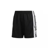 Short deportivo Adidas modelo Adibreak, color negro con franjas laterales blancas y botones a presión decorativos. Presenta el logo de la marca y el diseño clásico de las tres tiras en los costados.