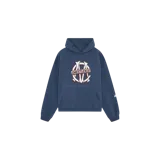Hoodie oversize azul marino con capucha, bolsillo tipo canguro y gran estampado frontal con monograma y el texto 'EMESTUDIOS'.
