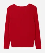 Blusa negra de punto liviano con textura acanalada, escote en pico y mangas largas.