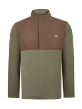 Buzos polar de hombre marca RKF, color verde militar y marrón, con cuello alto, cierre frontal medio con solapa y broches, y canesú contrastante.