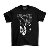 Remera negra de manga corta con estampado frontal en blanco y negro del guitarrista Slash tocando su guitarra, incluyendo el logo de Guns N' Roses.