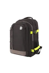 Mochila de color azul marino con detalles en azul claro vibrante, incluyendo cierres, correas ajustables y base. Presenta un compartimento principal y un bolsillo frontal con cierre vertical. Incluye el logo de Discovery en el frente.