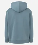 Hoodie con cierre frontal, capucha y bolsillos canguro, color verde azulado. Presenta un pequeño estampado vertical en el lado izquierdo del pecho.