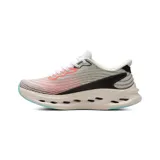 Championes deportivos Skechers modelo Slip-Ins Max Cushioning Glide-Step Sapphire, de color gris con detalles en blanco, negro y toques en coral y celeste. Presentan parte superior de monomalla con estampado 3D, tecnología de amortiguación avanzada y suela geométrica con aberturas.