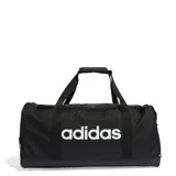 Bolso Adidas Linear Duffel negro con logo blanco estampado. Tiene doble asa de mano y correa ajustable para el hombro. Cuenta con compartimento principal con doble cierre, bolsillos laterales (uno de malla y otro con cierre), bolsillo frontal oculto y compartimento separado para calzado.
