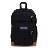 Mochila Jansport modelo Cool Student de color negro con base y detalles de cuero sintético marrón. Cuenta con dos compartimentos principales, bolsillos frontales con cierre, bolsillo lateral para botella y funda interna para laptop.