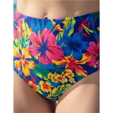 Conjunto de bikini United Uy modelo Tiro Alto Ani, compuesto por un corpiño rojo liso de tipo triángulo con mangas cortas con volados y una bombacha de tiro alto con estampado floral sobre base azul.