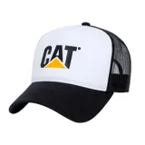 Gorro tipo trucker con panel frontal blanco, visera negra y malla trasera negra. Presenta el logo de Caterpillar estampado en alta densidad en el frente.