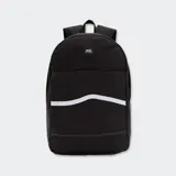 Mochila negra Vans Construct Skool con franja lateral blanca, confeccionada en poliéster. Tiene un compartimento principal con cierre, bolsillo frontal con organizador interno, correas acolchadas ajustables y asa de mano superior. Capacidad de 21 litros.