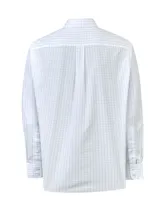 Camisa de manga larga con cuello abotonado, confeccionada en algodón con estampado de cuadros finos en color azul sobre fondo blanco. Presenta un bolsillo en el pecho con el logo de la marca bordado y cierre frontal con botones.