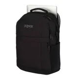 Mochila negra JanSport Landings Pack con múltiples compartimentos, funda para laptop, acolchado en la espalda y tirantes, manija superior reforzada y pasador para valija.