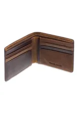 Billetera de cuero marrón con múltiples ranuras para tarjetas y compartimento para billetes.