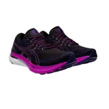 Championes de running Asics Gel-Kayano 29, color negro con detalles en fucsia y blanco. Presentan tecnología FF Blast+ en la entresuela para mayor amortiguación y diseño de malla transpirable.