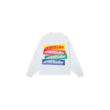 Remera de manga larga blanca con múltiples estampados rectangulares a color en la espalda.