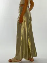 Pantalón de tiro medio con corte wide leg, confeccionado en tejido con acabado metalizado. Presenta cierre frontal con botón y bolsillos laterales.